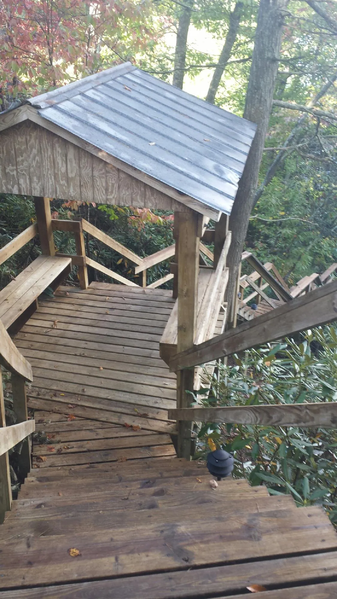Metal roofed shelter over wooden steps on a wooded walkway — Skylight Repair & Installation work by our crew in Mount Solon